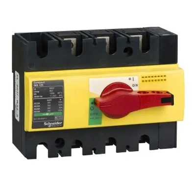 switch disconnector, Compact INS125, 125A, with red rotary handle and yellow front, 3 poles