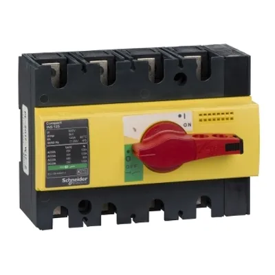 switch disconnector, Compact INS125, 125A, with red rotary handle and yellow front, 4 poles
