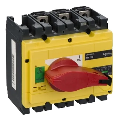 switch disconnector, Compact INS250, 250A, with red rotary handle and yellow front, 3 poles