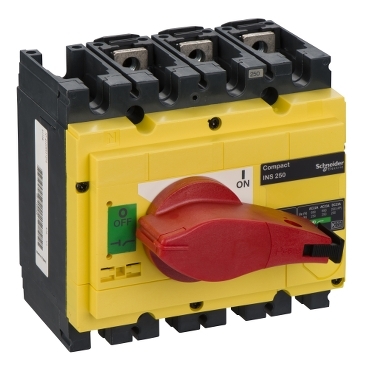 switch disconnector, Compact INS250, 250A, with red rotary handle and yellow front, 3 poles — photo 1 of 2