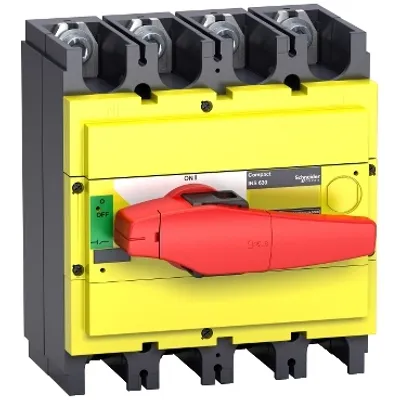 switch disconnector, Compact INS400, 400A, with red rotary handle and yellow front, 4 poles