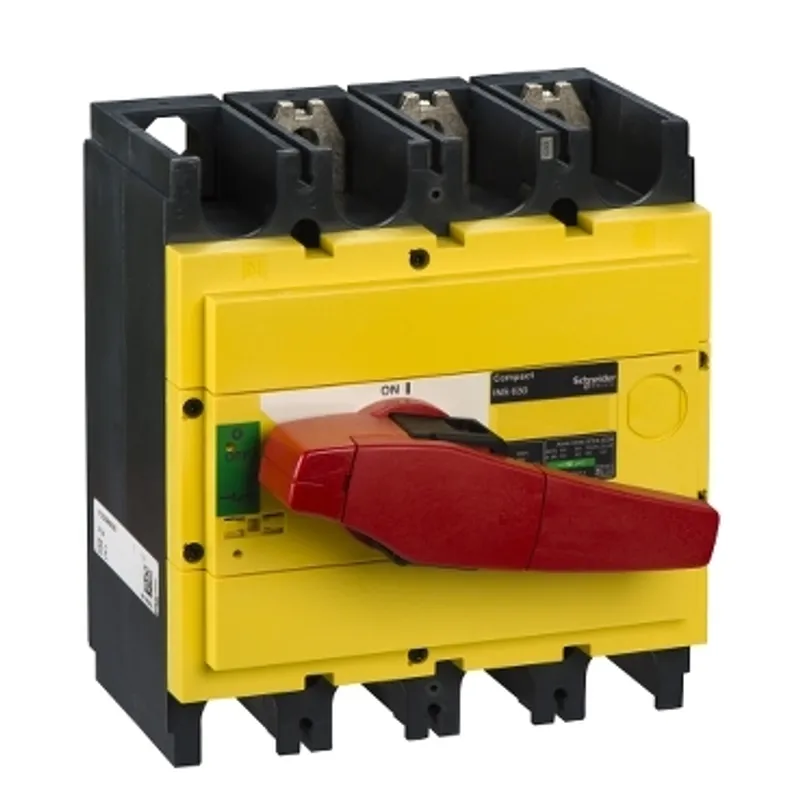 switch disconnector, Compact INS630, 630A, with red rotary handle and yellow front, 3 poles