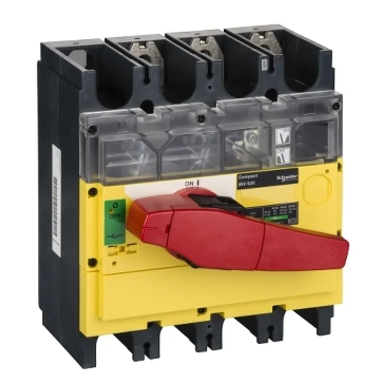 switch disconnector, Compact INV630, visible break, 630A, with red rotary handle and yellow front, 3 poles