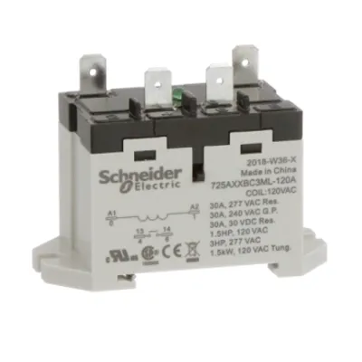Power relay, SE Relays, 30A, 1NO, 120VAC, LED push button, blade terminals, DIN or panel mount