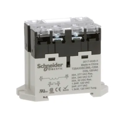 Power relay, SE Relays, 30A, 1NO, 120VAC, LED push button, screw terminals, DIN or panel mount