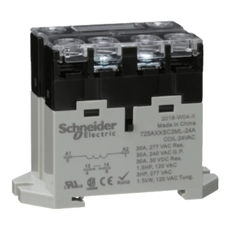 Power relay, SE Relays, 30A, 1NO, 24VAC, LED push button, screw terminals, DIN or panel mount — photo 1 of 9