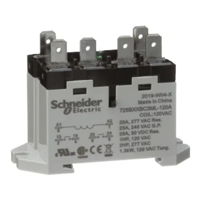 Power relay, SE Relays, 25A, 2NO, 120VAC, LED push button, blade terminals, DIN or panel mount