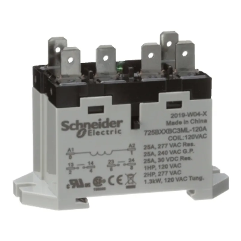 Power relay, SE Relays, 25A, 2NO, 120VAC, LED push button, blade terminals, DIN or panel mount — photo 1 of 9