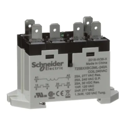 Power relay, SE Relays, 25A, 2NO, 240VAC, LED push button, blade terminals, DIN or panel mount