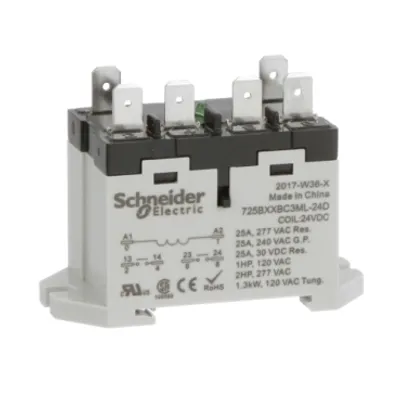 Power relay, SE Relays, 25A, 2NO, 24VDC, LED push button, blade terminals, DIN or panel mount