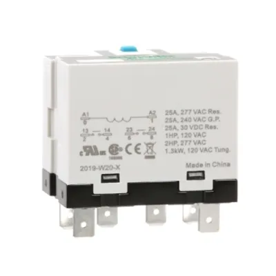 Power relay, SE Relays, 25A, 2NO, 24VDC, LED, flag indicator, locking push button, blade terminal, plug-in socket mount