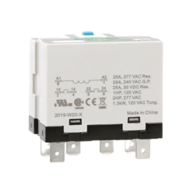 Power relay, SE Relays, 25A, 2NO, 24VDC, LED, flag indicator, locking push button, blade terminal, plug-in socket mount — photo 1 of 9