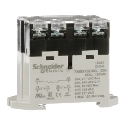 Power relay, SE Relays, 25A, 2NO, 120VAC, LED push button, screw terminals, DIN or panel mount