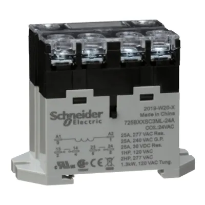 Power relay, SE Relays, 25A, 2NO, 24VAC, LED push button, screw terminals, DIN or panel mount