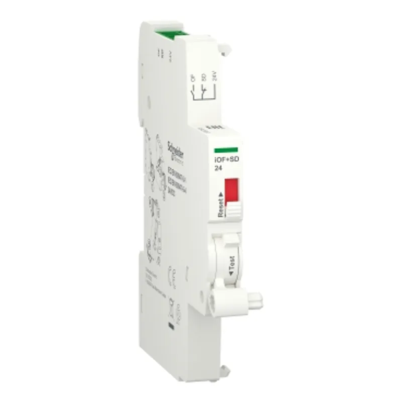 Auxiliary contact, Acti9 A9A, iOF+SD, 1 NO + 1 NC, 2mA to 100mA, 24VDC, Ti24 connector on top (sold separately)
