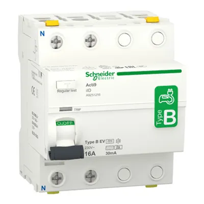 Residual current circuit breaker (RCCB), Acti9 iID, 2P, 16A, B-EV (Electric Vehicle) type, 30mA, double terminal