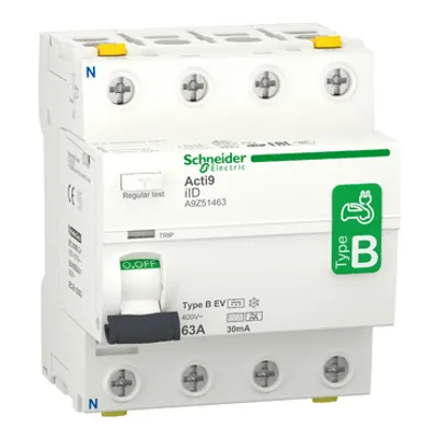 Residual current circuit breaker (RCCB), Acti9 iID, 4P, 63A, B-EV (Electric Vehicle) type, 30mA, double terminal