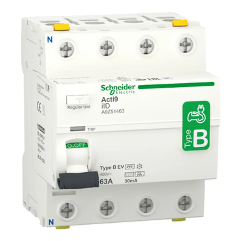 Residual current circuit breaker (RCCB), Acti9 iID, 4P, 63A, B-EV (Electric Vehicle) type, 30mA, double terminal — photo 1 of 3