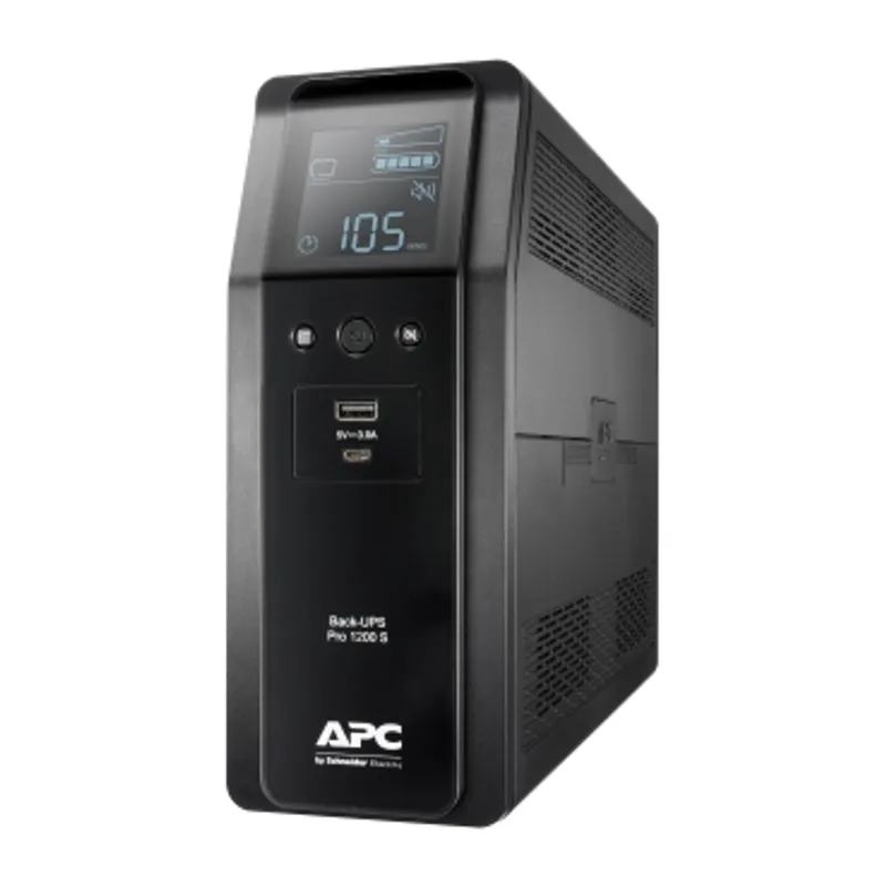 APC Back-UPS Pro, 1200VA/720W, Tower, 230V, 8x IEC C13 outlets, Sine Wave, AVR, USB Type A + C ports, LCD, User Replaceable Battery — photo 1 of 3