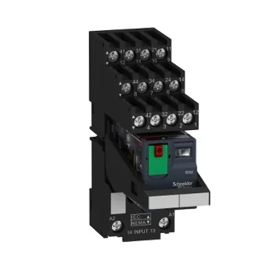 miniature, Harmony Electromechanical Relays, 6A, 4CO, with LED, with lockable test button, separate terminals socket, 230V AC