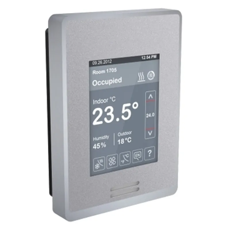 Low-Voltage Fan Coil Room Controller & Zone Controller: BACnet MS/TP, RH sensor & control, PIR motion sensor, Silver Case/Fascia — photo 2 of 3