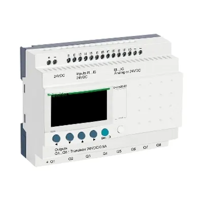 compact smart relay, Zelio Logic SR2 SR3, 20 IO, 24V DC, clock, display, 8 transistor outputs