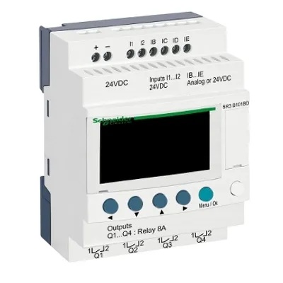 modular smart relay, Zelio Logic SR2 SR3, 10 IO, 24V DC, clock, display, 4 relay outputs