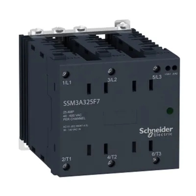 single phase relay, Harmony Solid State Modular Relays, 25A, DIN rail mount, zero voltage switching, input 90 to 140V AC, output 48 to 600V AC