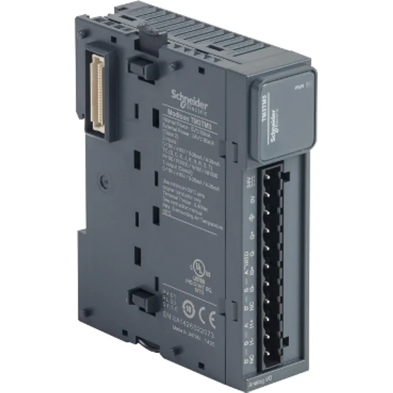 analog IO module, Modicon TM3, 2 analog or temperature inputs, 1 analog output, screw, 24V DC