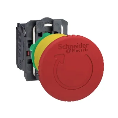 Emergency stop switching off, Harmony XB5, plastic, red mushroom 40mm, 22mm, trigger latching turn to release, 1NO+1NC