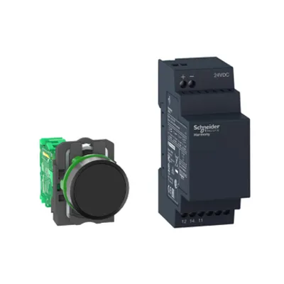 Wireless and batteryless package, Harmony XB5R, Wireless push button and non configurable receiver, plastic, 22mm, with 1 black cap, 24V DC