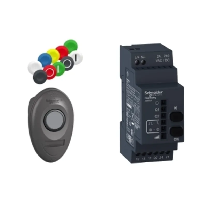 Pack with 1 wireless push button + 1 configurable receiver + 1 set of 10 colored caps, Harmony XB5, plastic, 22mm, 24...240V AC DC — photo 1 of 9
