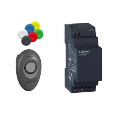 Pack with 1 wireless and batteryless push button +1 non configurable receiver + 1 set of caps, Harmony XB5, plastic, 22mm, 24V DC