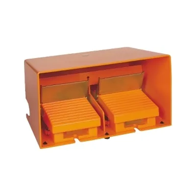 Double foot switch, Harmony XPE, metal, orange, with cover, trigger mechanism, 1 step, 2 contacts 1NO+NC, IP66