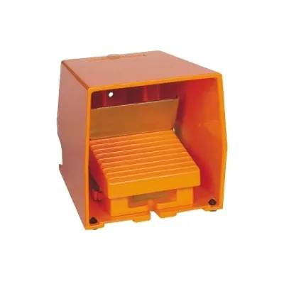 Single foot switch, Harmony XPE, metal, orange, with cover, trigger mechanism, 2 steps, 2 contacts 1NC+NO, IP66
