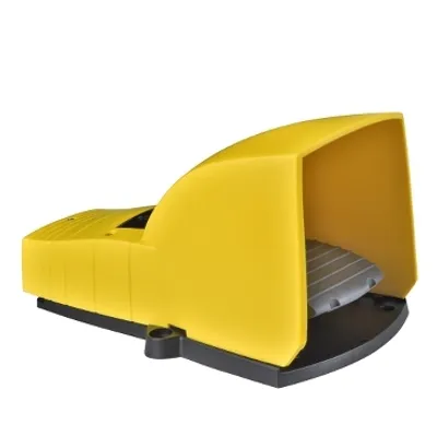 Single foot switch, Harmony XPE, plastic, yellow, with cover, trigger mechanism, 1 step, 1 contact 1NC+NO, IP55