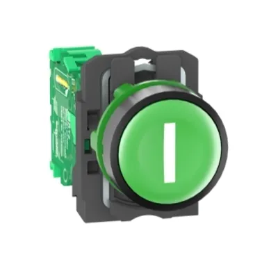 Wireless and batteryless transmitter, Harmony XB5R, push button, plastic, green, 22mm, spring return, marked I